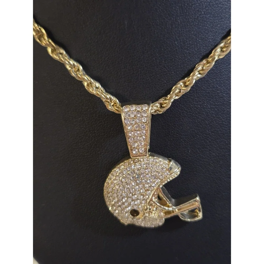 Iced Cz‎ 14k Gold Plated Football Player Helmet Pendant 24 Rope Chain Necklace